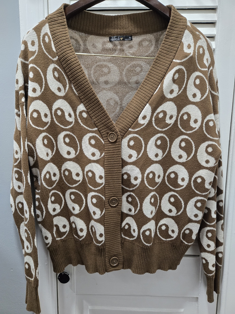 Nikka K Brown & Cream Button Up Yin Yang Cardigan Sweater XL